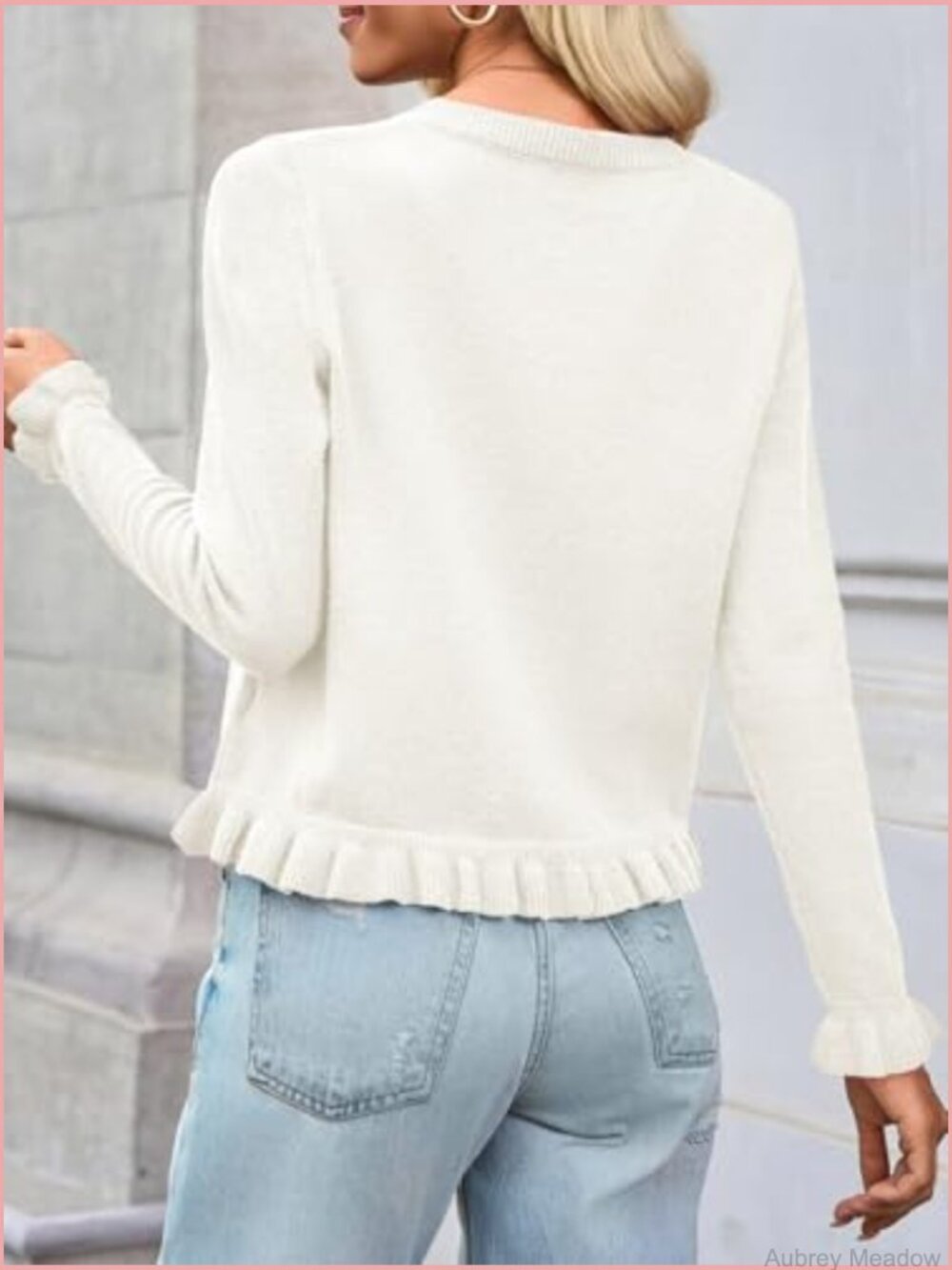 Ruffle Cardigan Sweater Button Up Crew Neck Long Sleeve Cropped Cute Knit Top - Picture 4 of 7